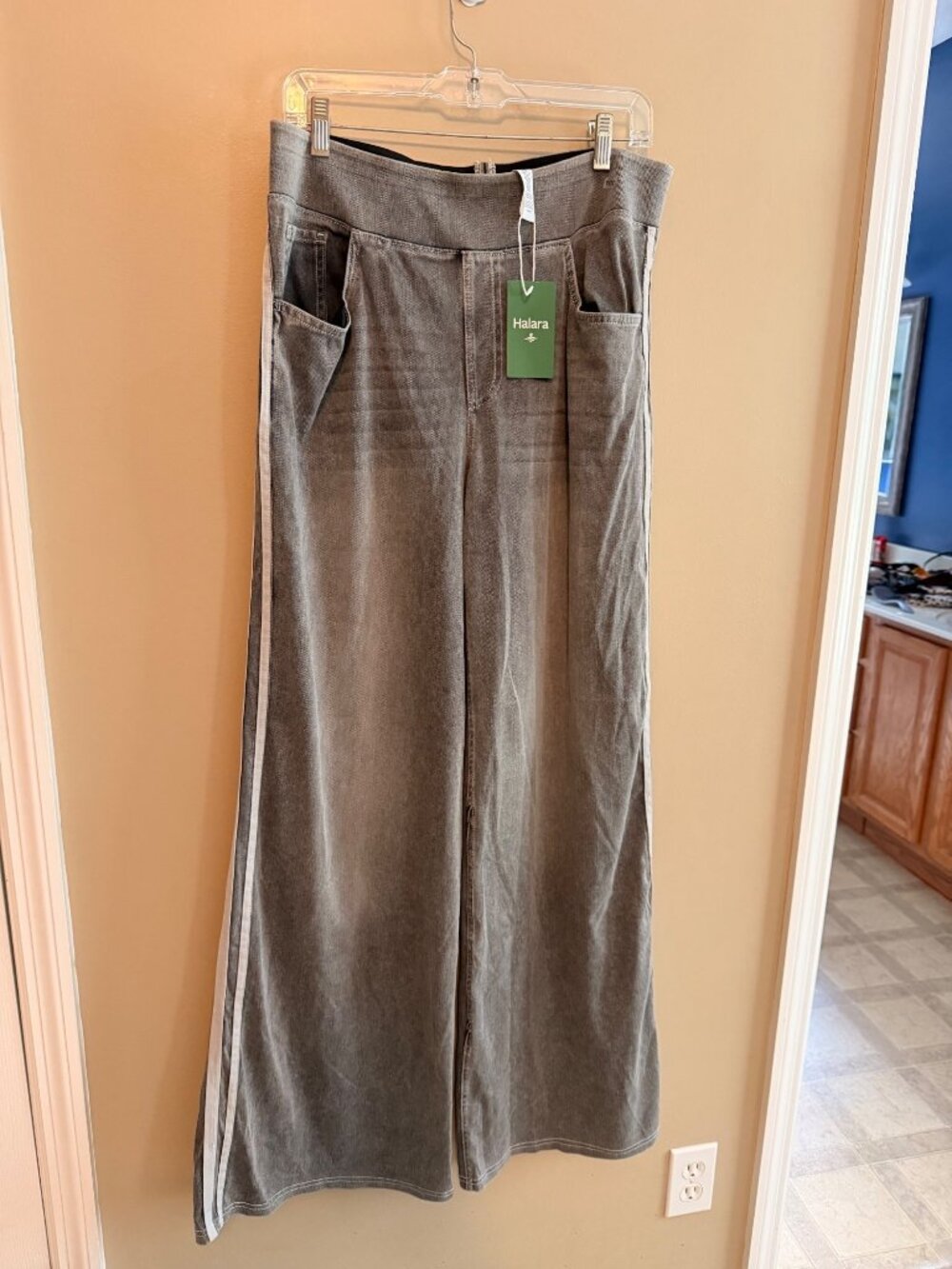 Halara XL Wide-Leg Gray Pants With Side Stripe - Womens Casual Stretch Denim Si - Picture 9 of 12